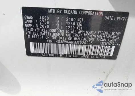 2021 Subaru Legacy z USA, uszkodzony, nr VIN 4S3BWAA65M3020295